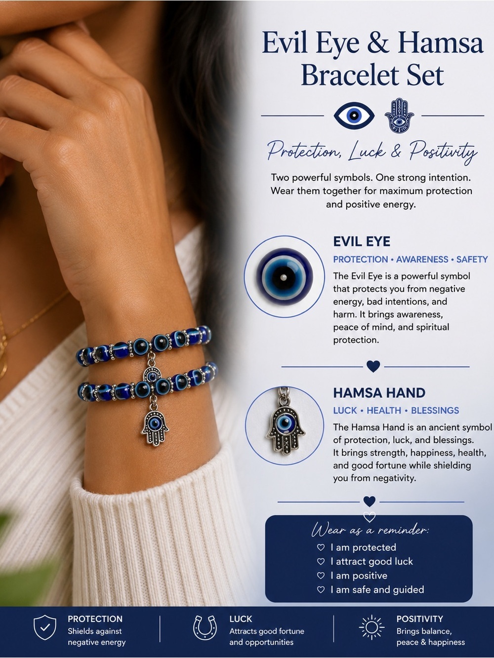 Evil Eye & Hamsa Bracelet set– Protection, Luck & Positivity
